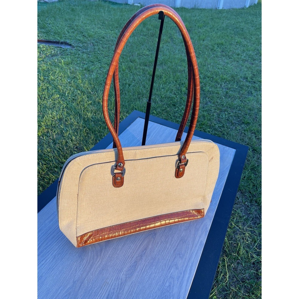 Coldwater Creek Handbag Women Cream Canvas Faux Leather Tote Purse Shoulder Bag